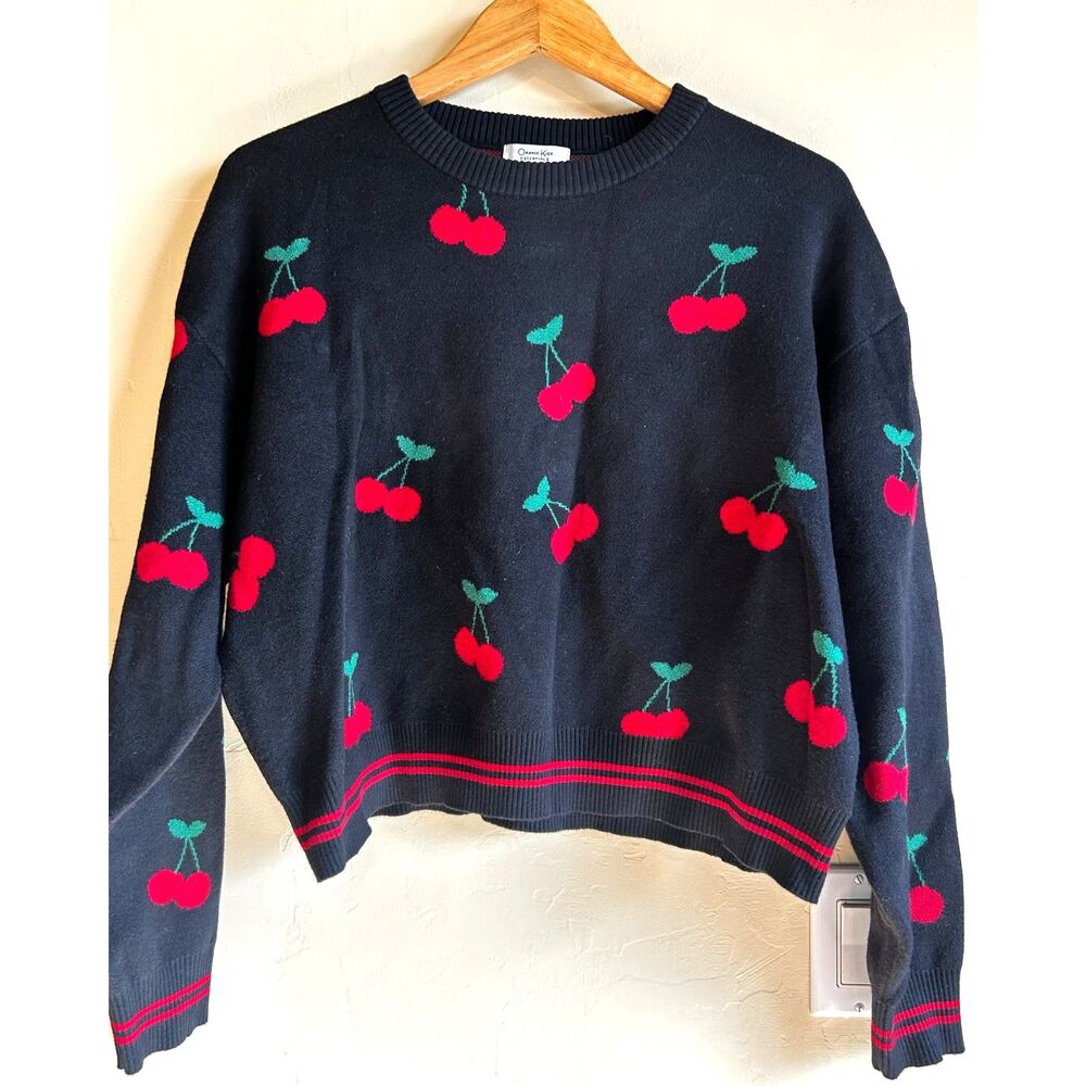 Orange Kiss Essentials Black Sweater with Cherries Size Large Rayon/Poly/Nylon